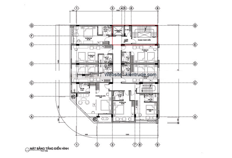 Khách sạn 7 tầng với thiết kế cụm thang máy, thang bộ đặt ở cuối nhà