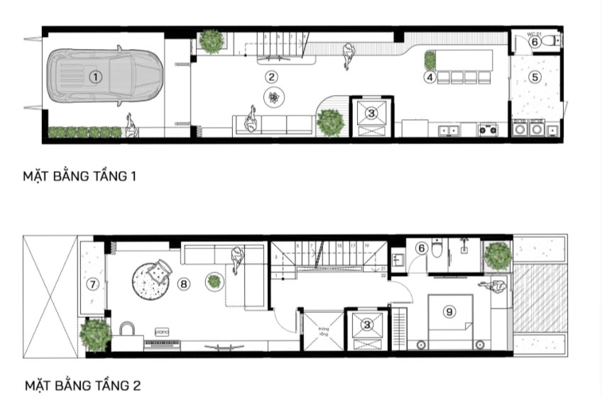 Mẫu nhà 7 tầng có thang máy để ở - thang máy đặt ở khu vực giưa nhà