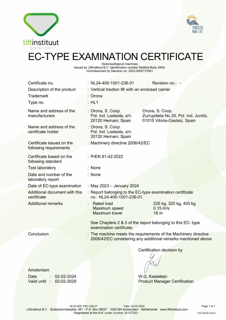 Chứng nhận chất lượng EC dành cho thang máy Orona